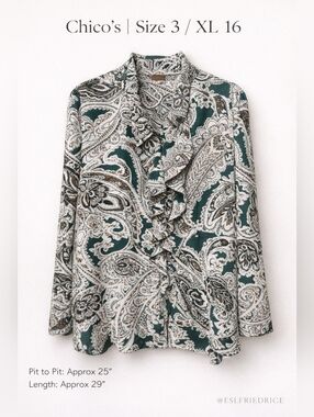 Chico’s Paisley Ruffle Blouse XL 16 Size 3 Green Brown Long Sleeve Career Top